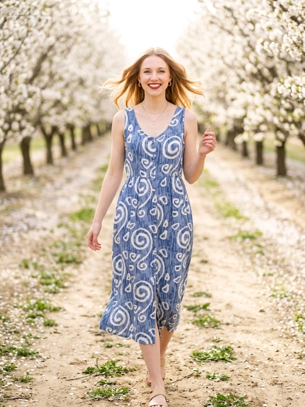 Source Unknown Blue and White Swirl Midi Dress M